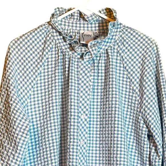 Finley Fiona Rushed Green and Blue Seersucker Button Front Blouse Size Medium 📦 - Picture 8 of 11